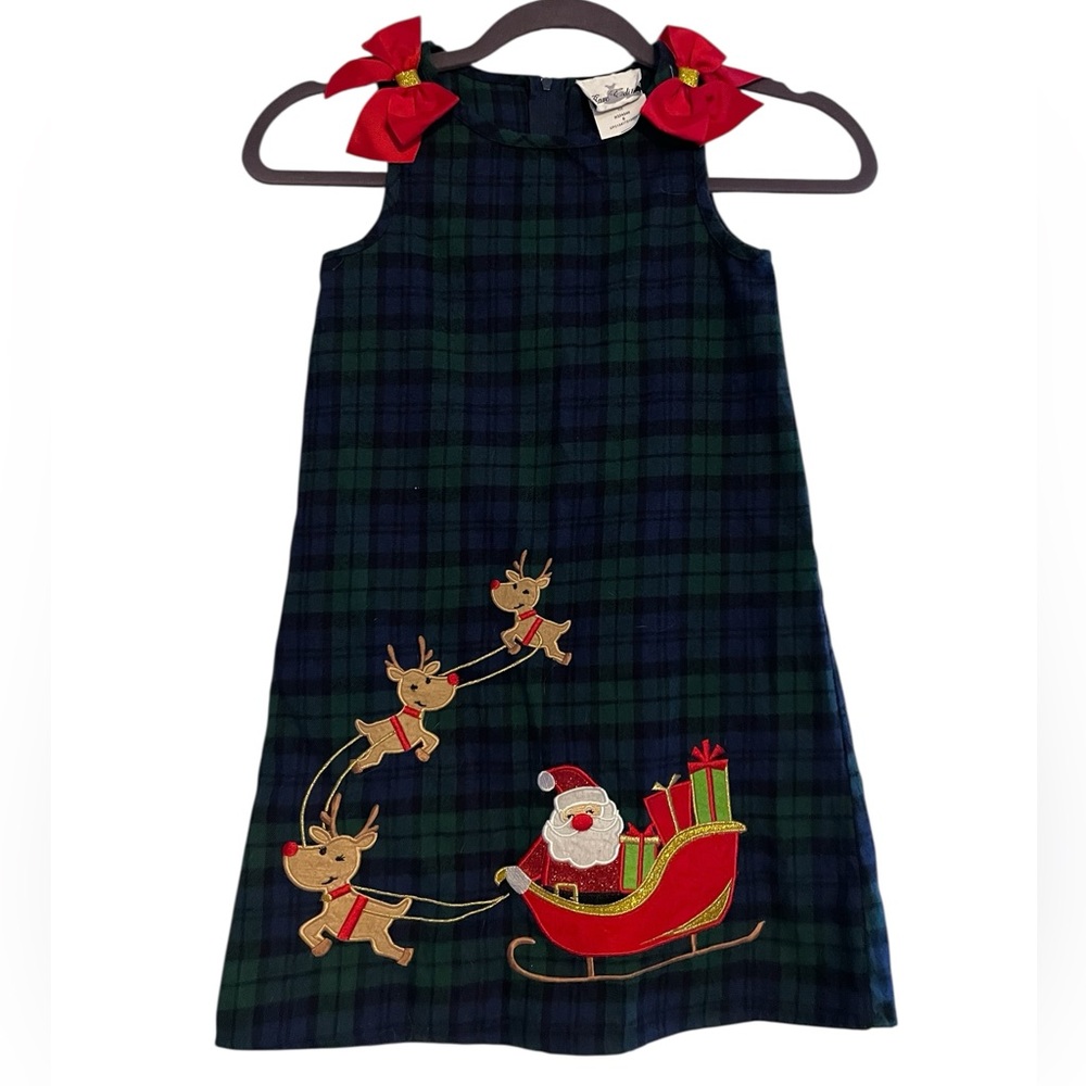 Rare Editions Girls Christmas Dress Sz‎ 6 Plaid - Santa and Reindeer